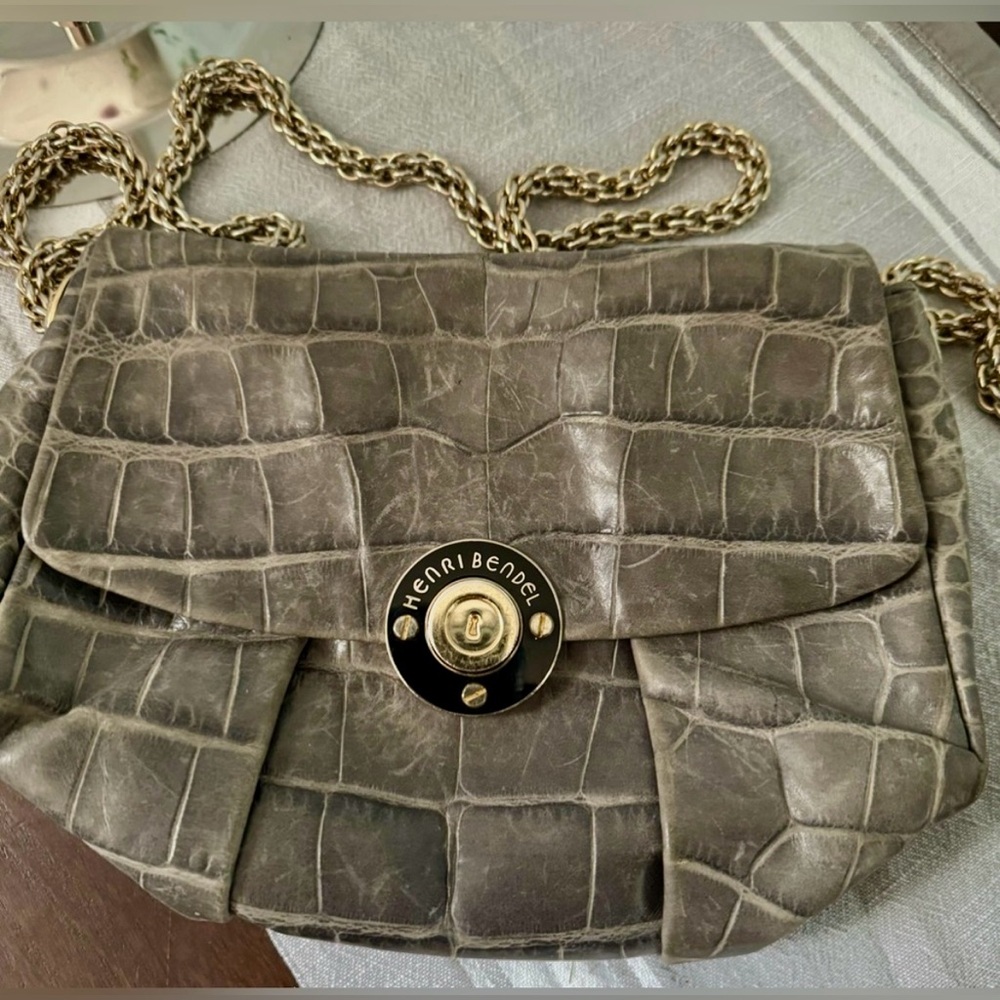 Henri Bendel Croc-Embossed Crossbody/Shoulder Bag with Gold Chain